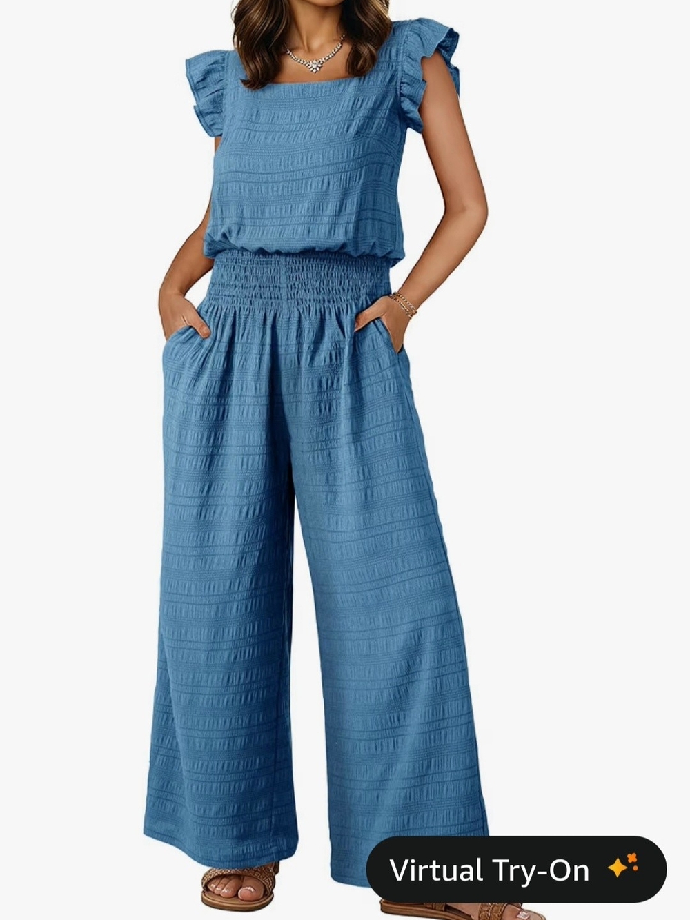 Smocked-Waist Wide Leg Jumpsuit in Denim Blue